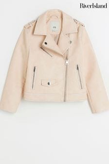 River Island Pink Girls Faux Leather Distressed Biker Jacket (N20777) | €44