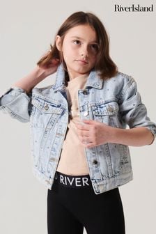 River Island Blue Girls Diamonte Placement Denim Jacket (N20779) | $56