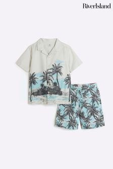 River Island White/Black/Blue Boys Palm Print Shirt and Short Set (N20824) | €40