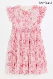 River Island Pink Girls Floral Tierred Dress (N20833) | OMR21 - OMR26