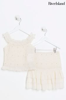 River Island Cream Girls Shirred Embellished Set (N20875) | 124 QAR - 158 QAR