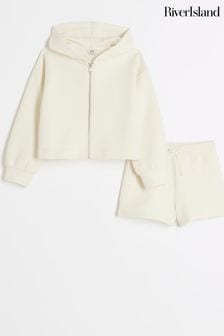 River Island Cream Girls Waffle 100% Cotton Hoodie and Shorts Set (N20898) | $43