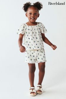 River Island White Mini Girls Ditsy Square Neck Top and Shorts Set (N20916) | €29