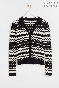 Oliver Bonas Monochrome Wavy Stripe Collared Black Knitted Cardigan