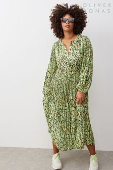 Oliver Bonas綠色抽象印花織紋打摺中長洋裝 (N20952) | NT$3,970