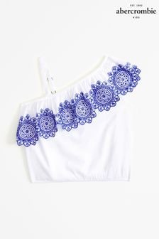 Abercrombie & Fitch One-Shoulder Boho Eyelet Ruffle Detail White Top (N21142) | kr376