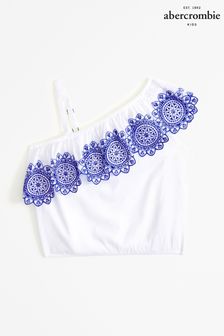 Abercrombie & Fitch One-Shoulder Boho Eyelet Ruffle Detail White Top