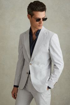 Reiss Soft Blue/White Barr Cotton Seersucker Single Breasted Blazer (N21176) | SGD 821