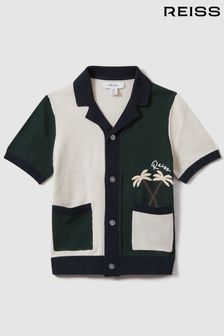 Reiss Green Multi Ata Teen Knitted Colourblock Cuban Collar Shirt (N21180) | OMR38