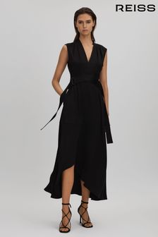 Reiss Black Raya Strappy Asymmetric Midi Dress (N21209) | kr5,249