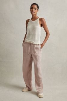 Reiss Dusty Pink Cleo Garment Dyed Wide Leg Linen Trousers (N21253) | 74,340 Ft