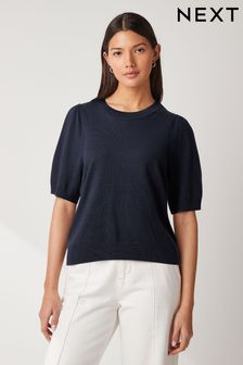 כחול כהה - Crew Neck Short Sleeve Knitted Top (N21307) | ‏53‏₪