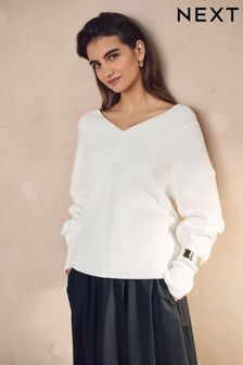 Ecru Relaxed Fit Ribbed V-Neck Knitted Jumper (N21320) | OMR12