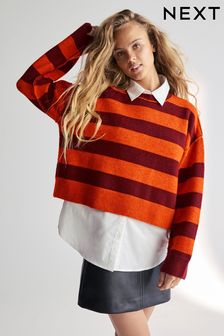 Orange Stripe 2 in 1 Smart Shirt Layer Knitted Jumper (N21348) | $64