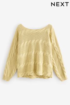 Washed Yellow Cable Off the Shoulder 100% Cotton Jumper (N21351) | TRY 1.279