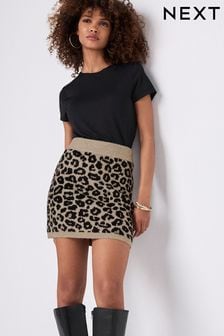 Neutral Brown Leopard Animal Print Short Knitted Mini Skirt (N21422) | HK$229