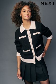 Black White Smart Contrast Tipped Knitted Co-ord Jacket (N21423) | €42