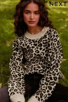 Leopard Animal Seam Detail Crew Neck Jumper (N21426) | kr470