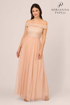 Adrianna Papell Pink Off Shoulder Bead Gown (N21464) | ₪ 1,252
