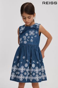 Reiss Denim Penny Junior Denim Broderie Dress (N21521) | OMR53