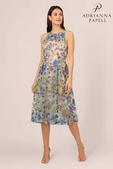 Adrianna Papell Blue Embroidered Fit And Flare Dress