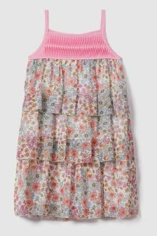 Reiss Pink Print Leela Teen Floral Print Tiered Dress (N21539) | 612 SAR