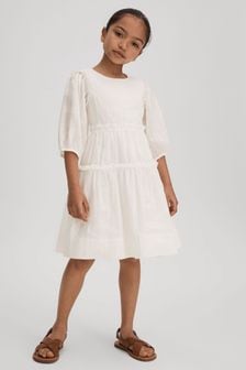 Reiss Ivory Tash Junior Tiered Linen Blend Puff Sleeve Dress (N21568) | 612 SAR