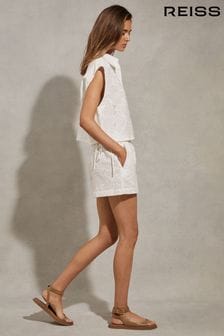 Reiss White Nia Cotton Embroidered Drawstring Shorts (N21569) | €149
