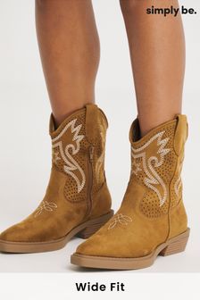 Simply Be Brown Regular/Wide Fit Laser Cut Western Ankle Boots (N21583) | kr920