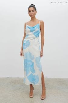 Pretty Lavish Blue & Cream Floral Keisha Ruched Midaxi Dress (N21606) | €99