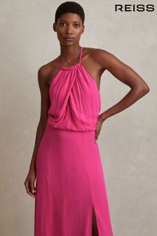 Reiss Pink Elliana Drape Front Midi Dress (N21681) | 99,540 Ft
