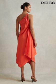 Reiss Orange Jeanne One Shoulder Draped Midi Dress (N21687) | €347