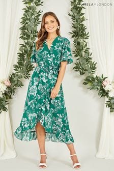 Mela Green Floral Wrap Midi Dress With Frill Detail (N21887) | SGD 87