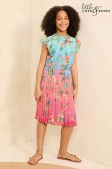 L&R | Love & Roses Blue/Pink Tropical Chiffon Ruffle Sleeve Pleated Dress (5-16yrs) (N21917) | KRW83,300 - KRW100,300