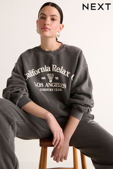 Charcoal Grey Relaxed Fit Oversized Washed California Long Sleeve Graphic Slogan Sweatshirt (N21981) | $52