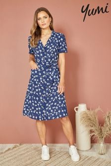 Yumi Blue Daisy Print Retro Shirt Dress (N22014) | AED305