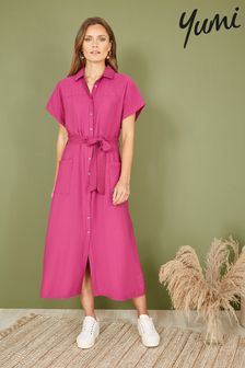 Yumi Pink Viscose Relaxed Midi Shirt Dress With Pockets (N22020) | AED305