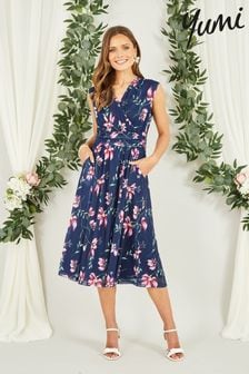 Yumi Blue Floral Print Mesh Stretch Midi Dress With Pockets (N22021) | $94