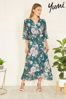 Yumi Blue Floral Wrap Midi Dress With Frill (N22027) | AED305