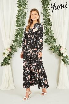 Yumi Black Blossom Floral Print Ruched Long Sleeves Midi Dress (N22039) | €73