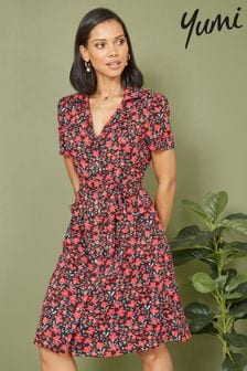 Yumi深紅色印花復古襯衫式洋裝 (N22042) | NT$2,570