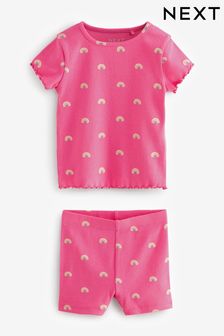Bright Pink Rainbow Ribbed Short Sleeve T-Shirt and Cycle Shorts Set (3mths-7yrs) (N22057) | OMR3 - OMR5