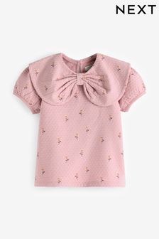 Pink Ditsy Textured Puff Short Sleeve Collar Top (3mths-7yrs) (N22108) | OMR3 - OMR4