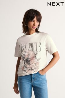 לבן בז' - Lost Souls Graphic Skull T-shirt (N22200) | ‏67 ‏₪