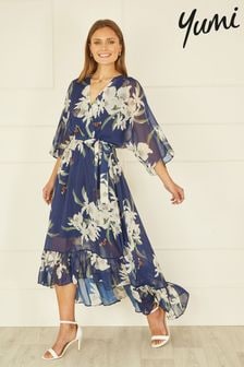 Yumi Navy Blue Floral Kimono Sleeves Dip Hem Wrap Midi Dress (N22208) | $111