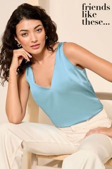 Friends Like These Dusty Blue Satin V Neck Vest Shell Top (N22211) | €32