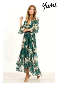 Yumi Forest Green Floral Kimono Sleeves Dip Hem Wrap Midi Dress (N22214) | $111