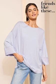 Friends Like These Cornflower Blue Soft Jersey Long Sleeve Satin Trim Tunic Top (N22239) | AED139