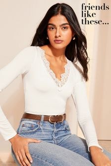 Friends Like These Cream Long Sleeve Lace Insert Bodysuit (N22244) | $50