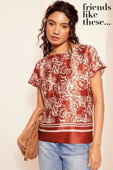 Friends Like These Red Printed Satin Utility Short Sleeve Top (N22261) | $51